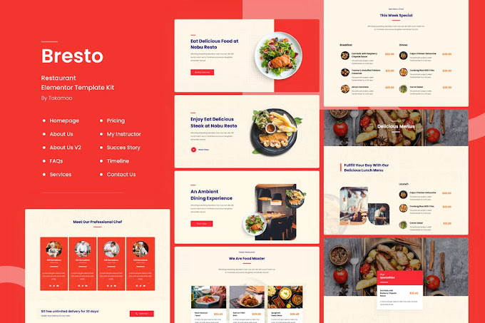 Bresto Restaurant Elementor Template Kit Showcasing Homepage, Menu, And Dining Sections In Red And White Design