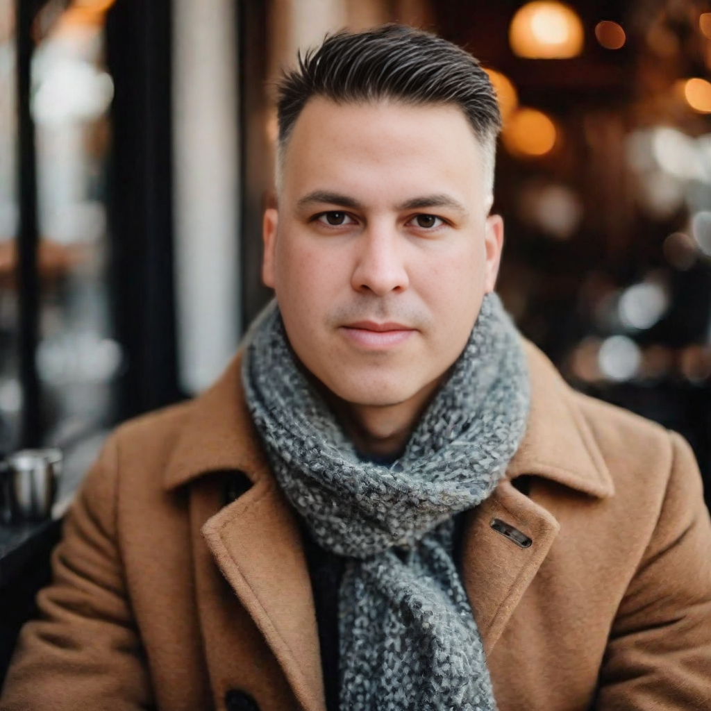 Man Wearing A Brown Coat And Gray Knit Scarf Seated At An Outdoor Café In Winter