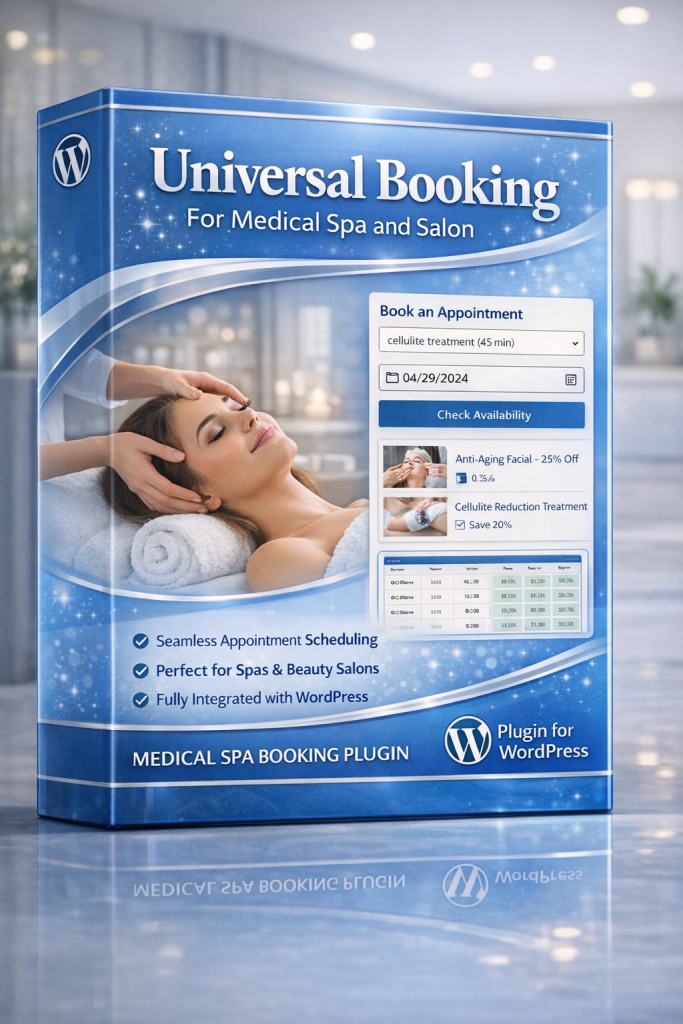 Universal Booking Wordpress Plugin Box For Medical Spa And Salon With Appointment Scheduling Interface And Spa Treatment Imagery
