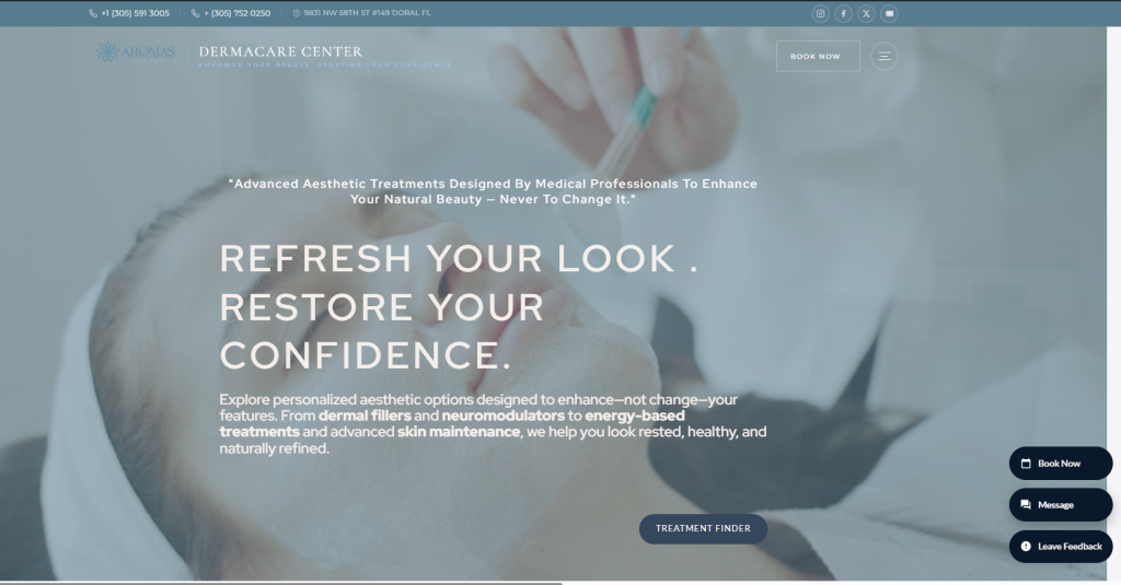 Aromas Dermacare Center Homepage Showcasing Aesthetic Treatment Services With Hero Text And Booking Options