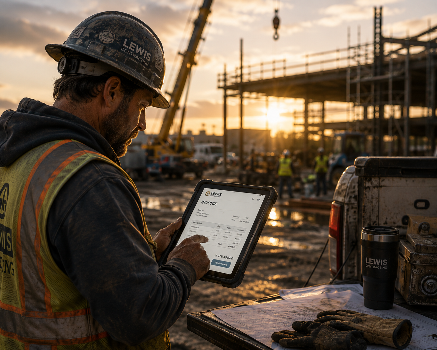 Contractor In A Hard Hat Reviewing A Digital Invoice On A Tablet At A Job Site