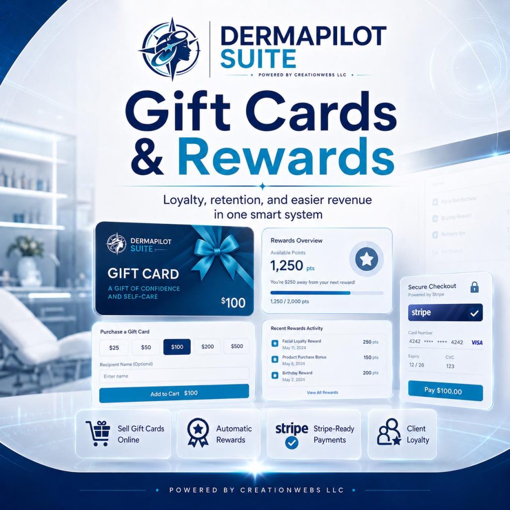 The Modern Medical Practice: How Clinics, Dental Offices, And Medical Spas Can Serve Their Community While Growing Profitably 1 Dermapilot Suite Gift Cards And Rewards System Featuring Loyalty Points, Stripe Payments, And Online Gift Card Sales