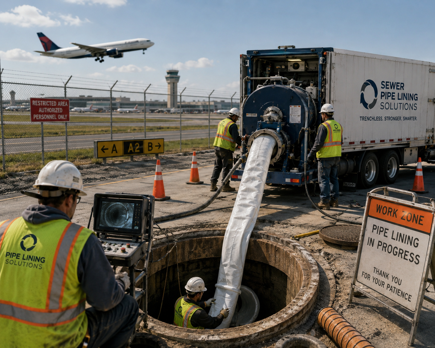 Sewer Pipe Lining Solutions crew performing trenchless pipe lining at an airport, with a Delta plane taking off in the background.
