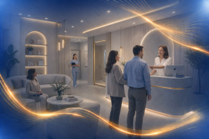 Web Design And Marketing Services 3 Couple Checking In At A Modern Medical Or Wellness Clinic Reception Desk With Glowing Golden Wave Design Overlay