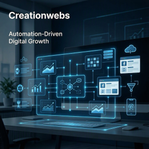 Web Design And Marketing Services 5 Creationwebs Automation-Driven Digital Growth Concept Showing Glowing Interconnected Analytics And Social Media Dashboards On A Laptop