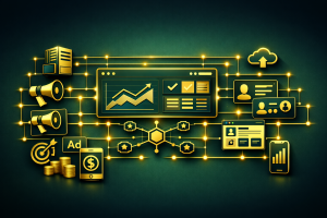 Web Design And Marketing Services 5 Digital Marketing Ecosystem With Gold Icons Showing Analytics, Ads, Mobile, Cloud, And Social Media Connected By Glowing Network Lines