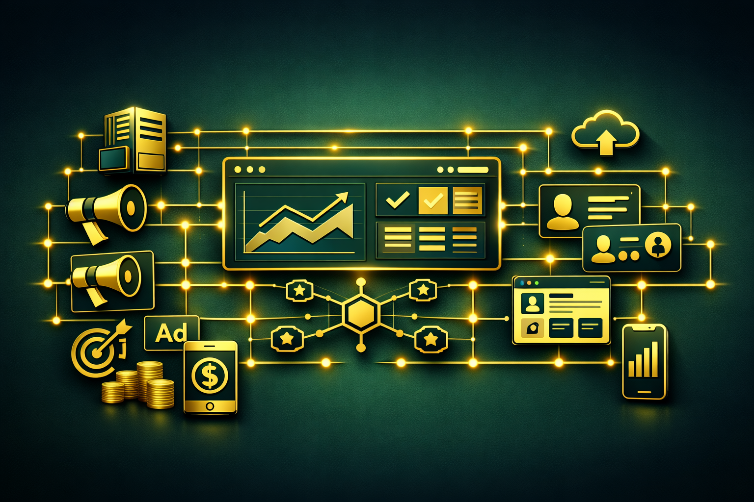 Digital marketing ecosystem with gold icons showing analytics, ads, mobile, cloud, and social media connected by glowing network lines