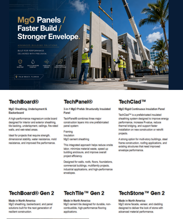 Mgo Panels Product Brochure Showing Construction Workers Installing Panels On A Palm Beach Building With Crane