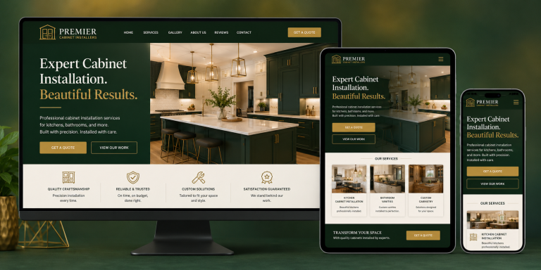 Web Design In New Port Richey Florida . Premier Cabinet Installers Website Displayed On Desktop, Tablet, And Mobile Showing Expert Cabinet Installation Services