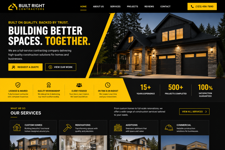 Built Right Contractors Website Homepage Featuring A Modern Dark Home Exterior And Construction Services Overview