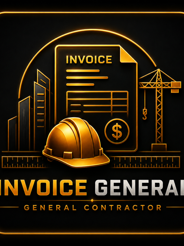 Invoice General – General Contractor logo featuring a gold hard hat, invoice document, crane, and buildings on black background
