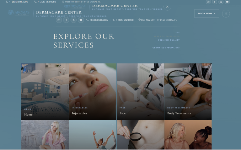 Portfolio Creationwebs 11 Aromas Med Spa Dermacare Center Services Page Showcasing Injectables, Facial, And Body Treatments In Doral, Fl
