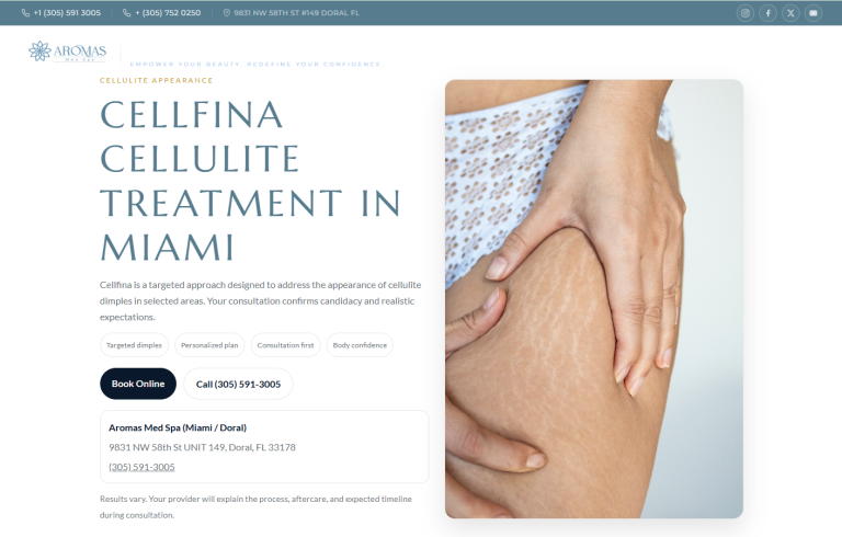 Portfolio Creationwebs 12 Close-Up Of A Woman'S Thigh Showing Cellulite Dimples, Illustrating The Skin Concern Treated By Cellfina At Aromas Med Spa Miami