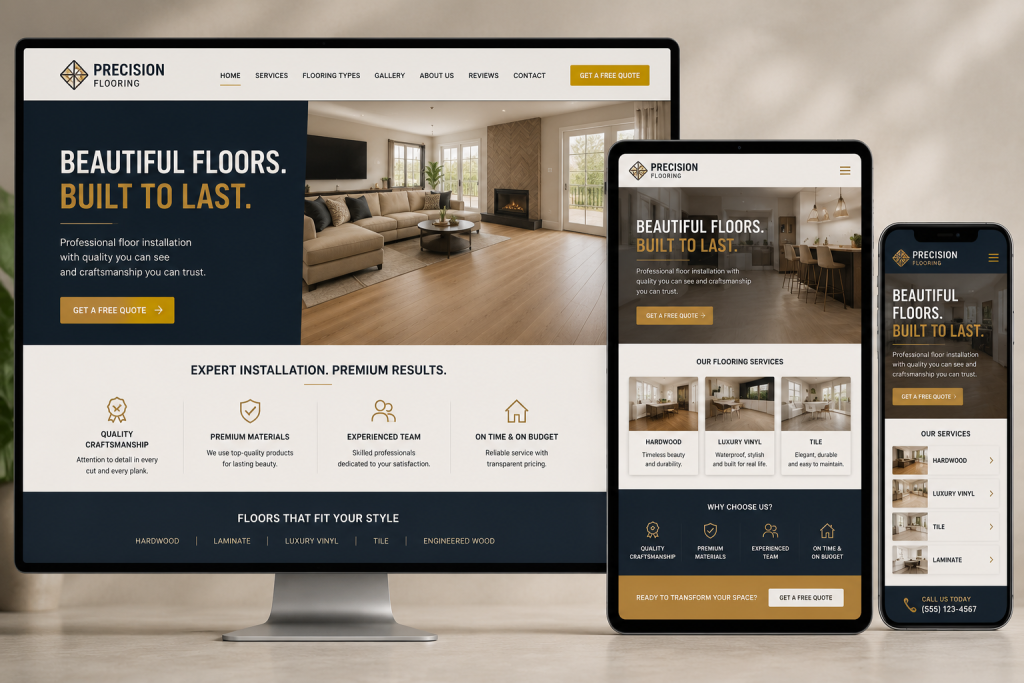 Precision Flooring Website Displayed On Desktop, Tablet, And Mobile Showing Hardwood Floor Installation Services