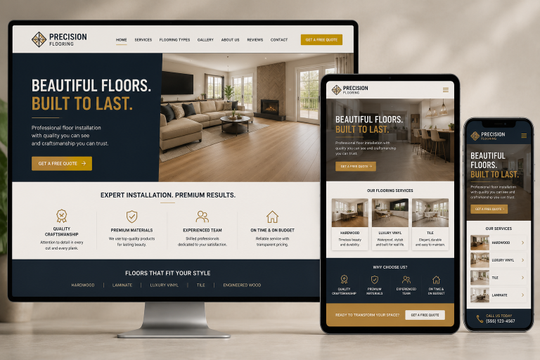 Precision Flooring Website Displayed On Desktop, Tablet, And Mobile Showing Hardwood Floor Installation Services