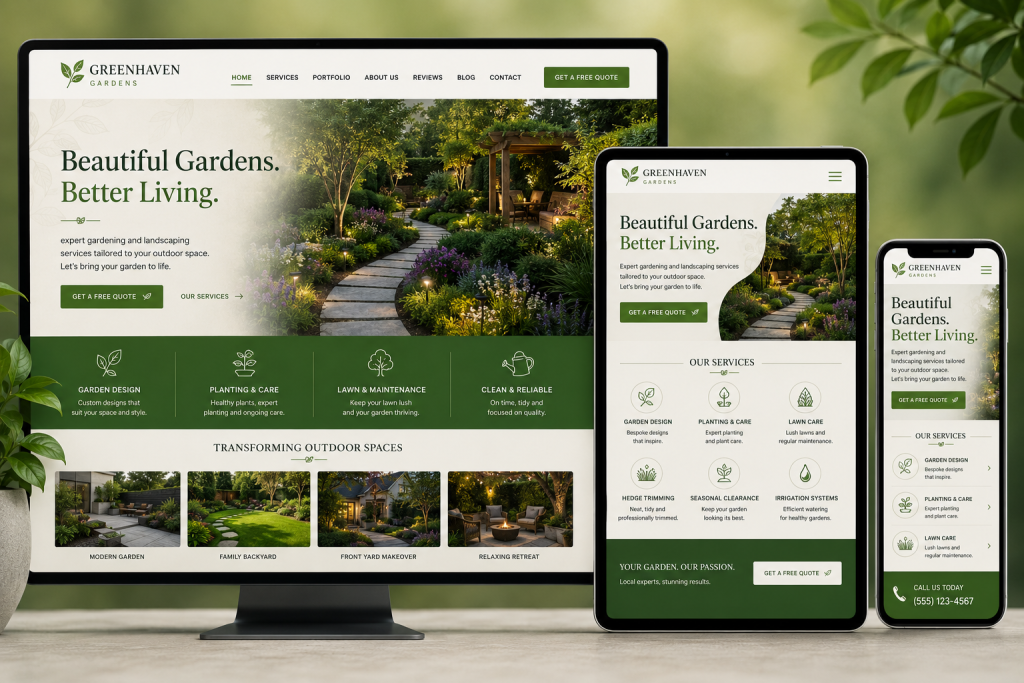 Greenhaven Gardens Responsive Website Design Displayed On Desktop, Tablet, And Mobile Showing Landscaping Services