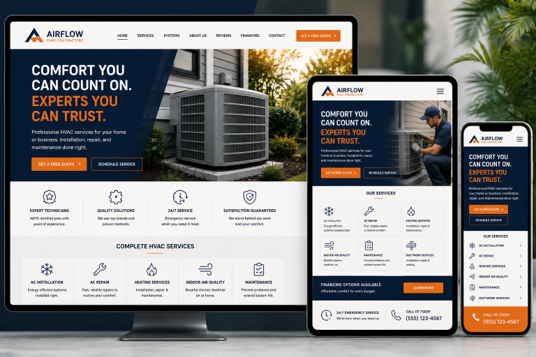 Airflow Hvac Contractors Responsive Website Design Shown On Desktop, Tablet, And Mobile Devices