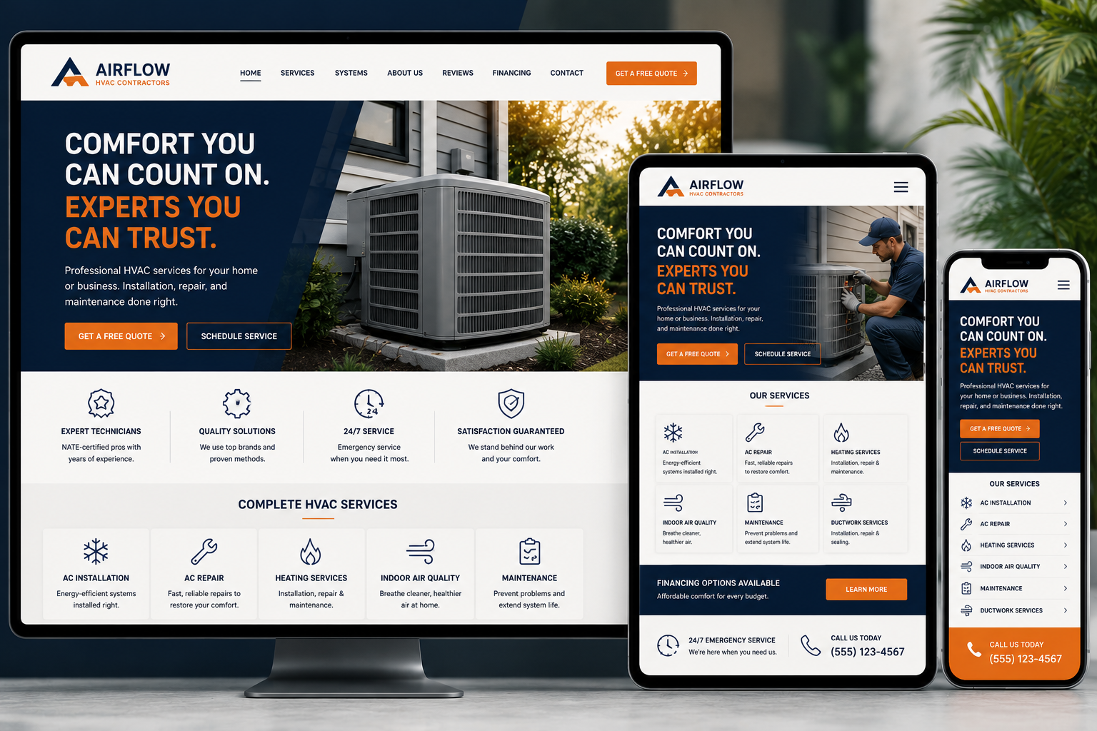 Airflow HVAC Contractors responsive website design shown on desktop, tablet, and mobile devices
