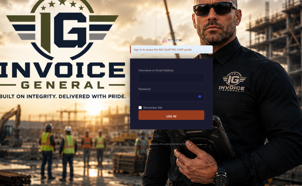 Invoice General Login Portal With Logo, Tagline &Amp;Apos;Built On Integrity, Delivered With Pride,&Amp;Apos; And Construction Site Background