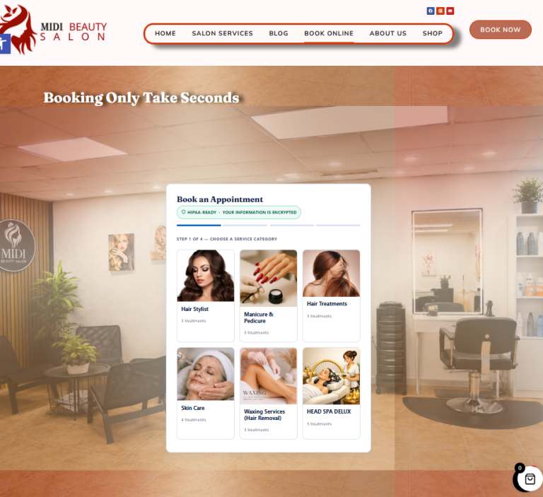 Portfolio Creationwebs 6 Midi Beauty Salon Online Booking Page Showing Service Categories Including Hair, Nails, Skin Care, And Spa Treatments