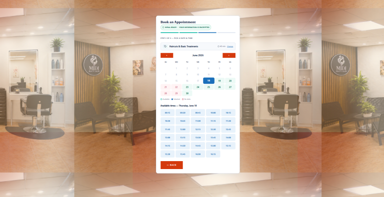 Portfolio Creationwebs 7 Midi Beauty Salon Online Booking Interface Showing Date And Time Selection For A Haircut Appointment In June 2026