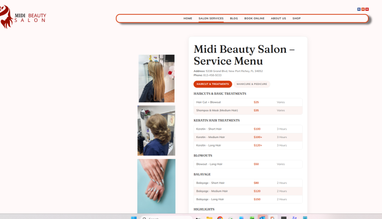 Portfolio Creationwebs 8 Midi Beauty Salon Service Menu Webpage Showing Haircut, Keratin, Balayage Prices Alongside Salon Hair And Nail Photos