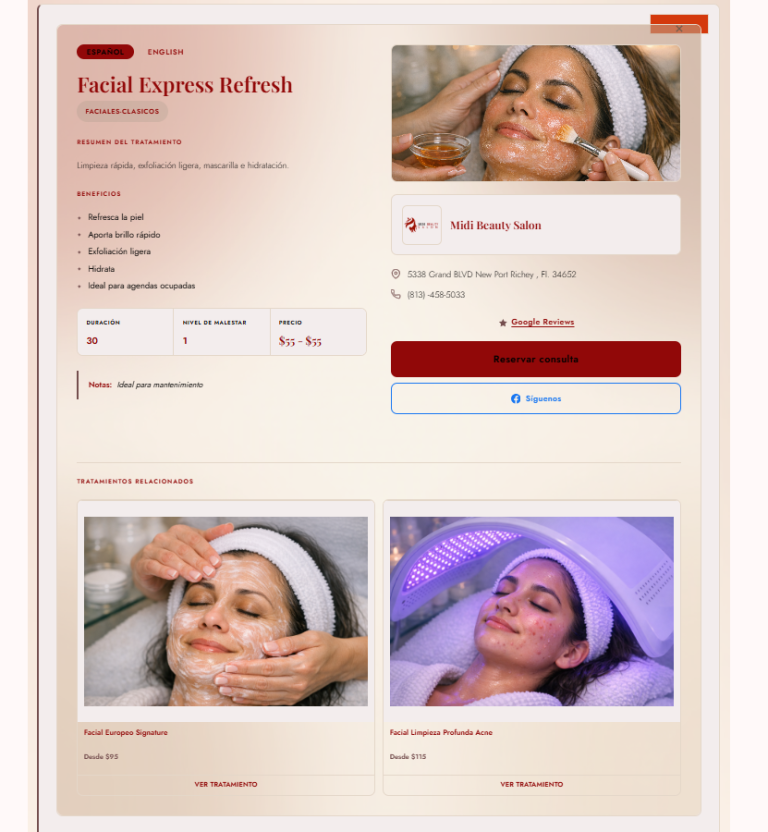 Portfolio Creationwebs 9 Midi Beauty Salon Facial Express Refresh Treatment Booking Page With Service Details And Pricing