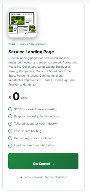 Service Landing Page Pricing Card Showing $0/Mo Managed Install With Domain, Hosting, And Responsive Design Features