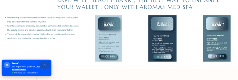 Social Proof The Right Way To Increase Sales 3 Aromas Med Spa Beauty Bank Membership Tiers Showing Pricing Plans At $89, $199, And $139 With Beauty Treatment Benefits