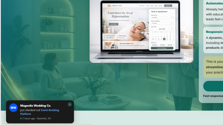 Social Proof The Right Way To Increase Sales 6 Medical Spa Website On Laptop Showing Appointment Booking Interface With Social Proof Notification From Magnolia Wedding Co.