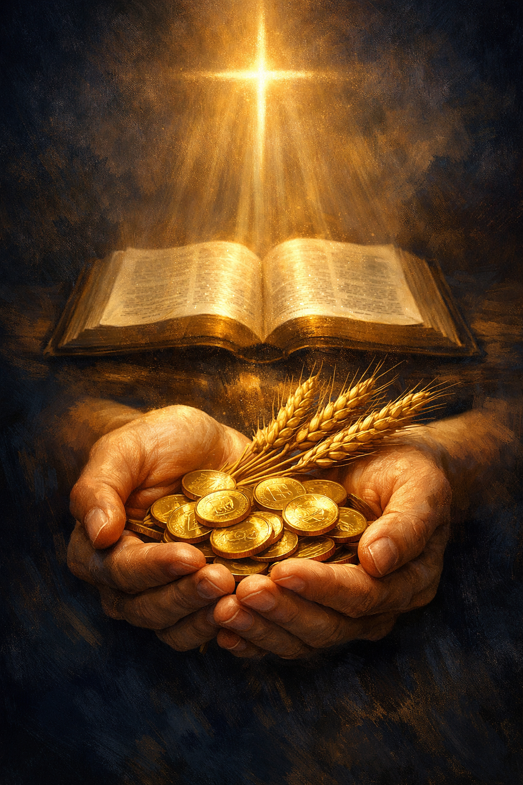 Learning Guide Pdf 5 Cupped Hands Holding Gold Coins And Wheat Stalks Beneath An Open Bible With A Glowing Cross Above, Symbolizing Faith And Abundance.