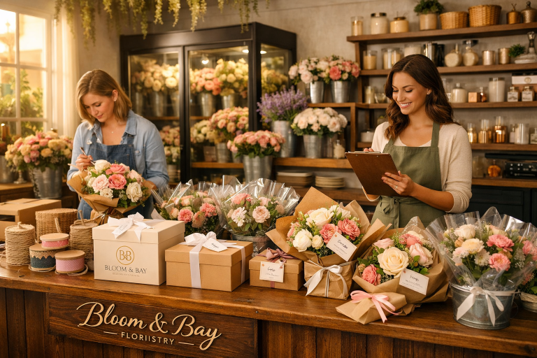 Learning Guide Pdf 2 Cases Of Studio Two Florists Preparing Pink And Cream Rose Bouquets And Gift Boxes At Bloom &Amp; Bay Floristry Shop Counter