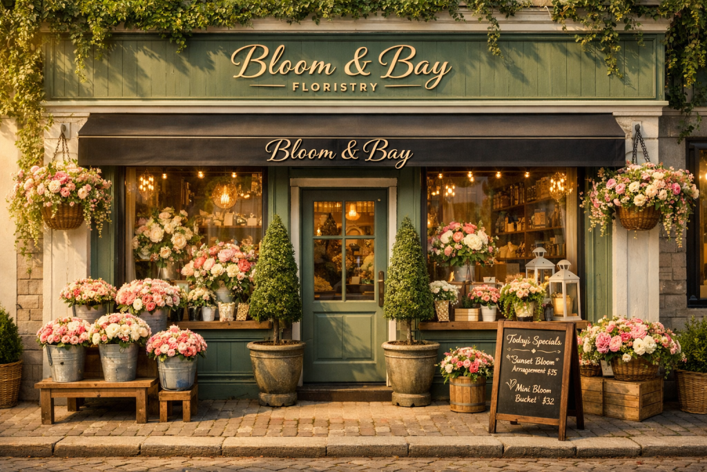 Bloom &Amp; Bay Floristry Shop Exterior With Pink Roses, Hanging Baskets, Topiary Trees, And A Chalkboard Specials Sign