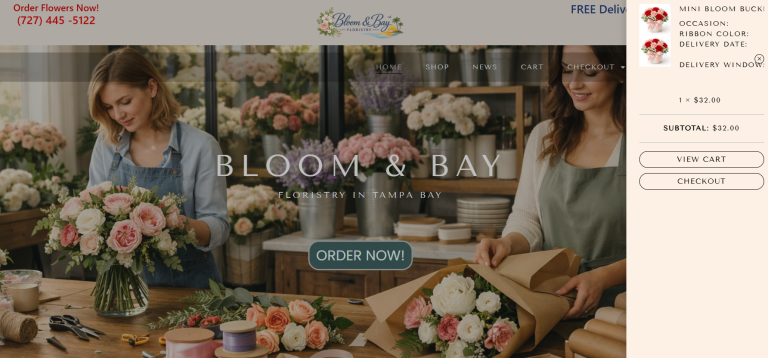 Cases Of Study 4 Bloom &Amp; Bay Floristry Tampa Bay Website Homepage Showing Two Florists Arranging Pink Roses And Wrapped Bouquets In A Flower Shop