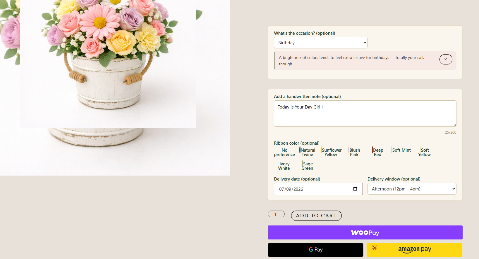 Flower bouquet product page showing pastel roses and daisies in a white bucket with birthday delivery options