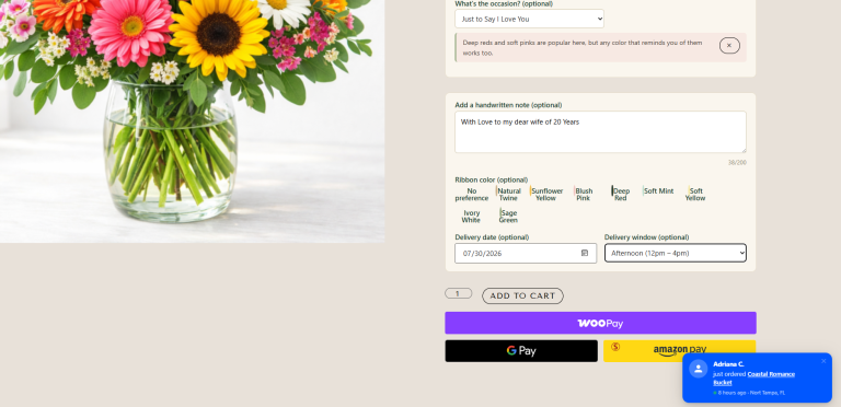 Cases Of Study 5 Colorful Flower Bouquet With Sunflower, Pink Gerbera, And Mixed Blooms In A Glass Vase Next To A Floral Order Form