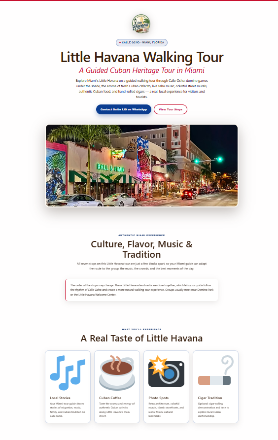 Little Havana Walking Tour webpage showing Calle Ocho Miami with colorful storefronts and Cuban heritage tour details
