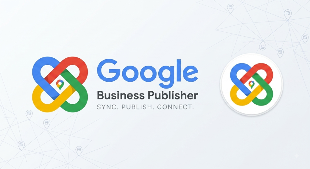 Google Business Publisher Logo With Tagline Sync. Publish. Connect. Featuring Colorful Interlocking Chain Icon