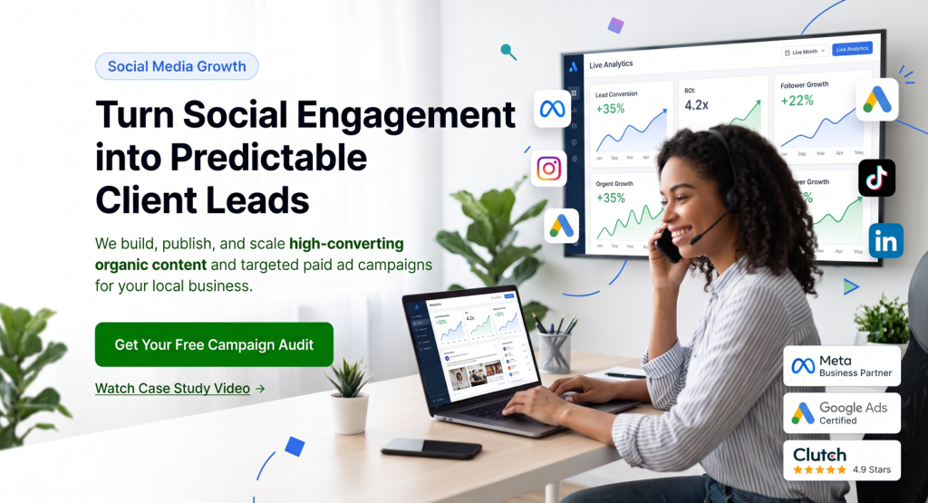 Social Media Marketing Professional Using Laptop And Headset With Live Analytics Dashboard Showing Lead Growth Metrics