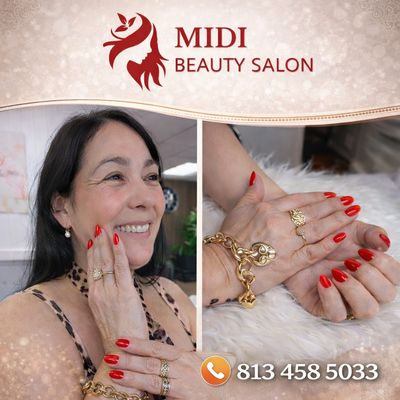 Del Anonimato Al Top 3 En Google: Cómo Midi Beauty Salon Transformó Su Presencia Local En New Port Richey 1 Smiling Woman With Red Nail Manicure At Midi Beauty Salon, Showcasing Bold Red Nails With Gold Jewelry