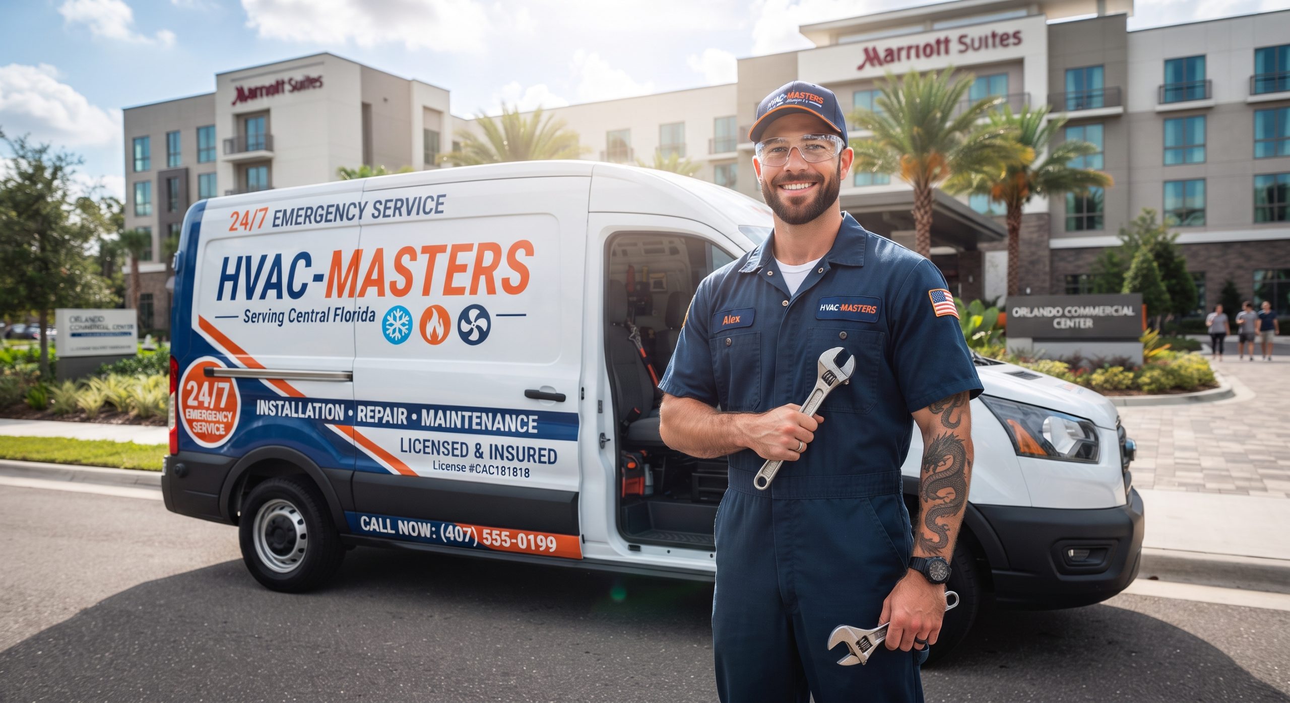 Hvac Technician Standing In Front Of A Branded Service Van