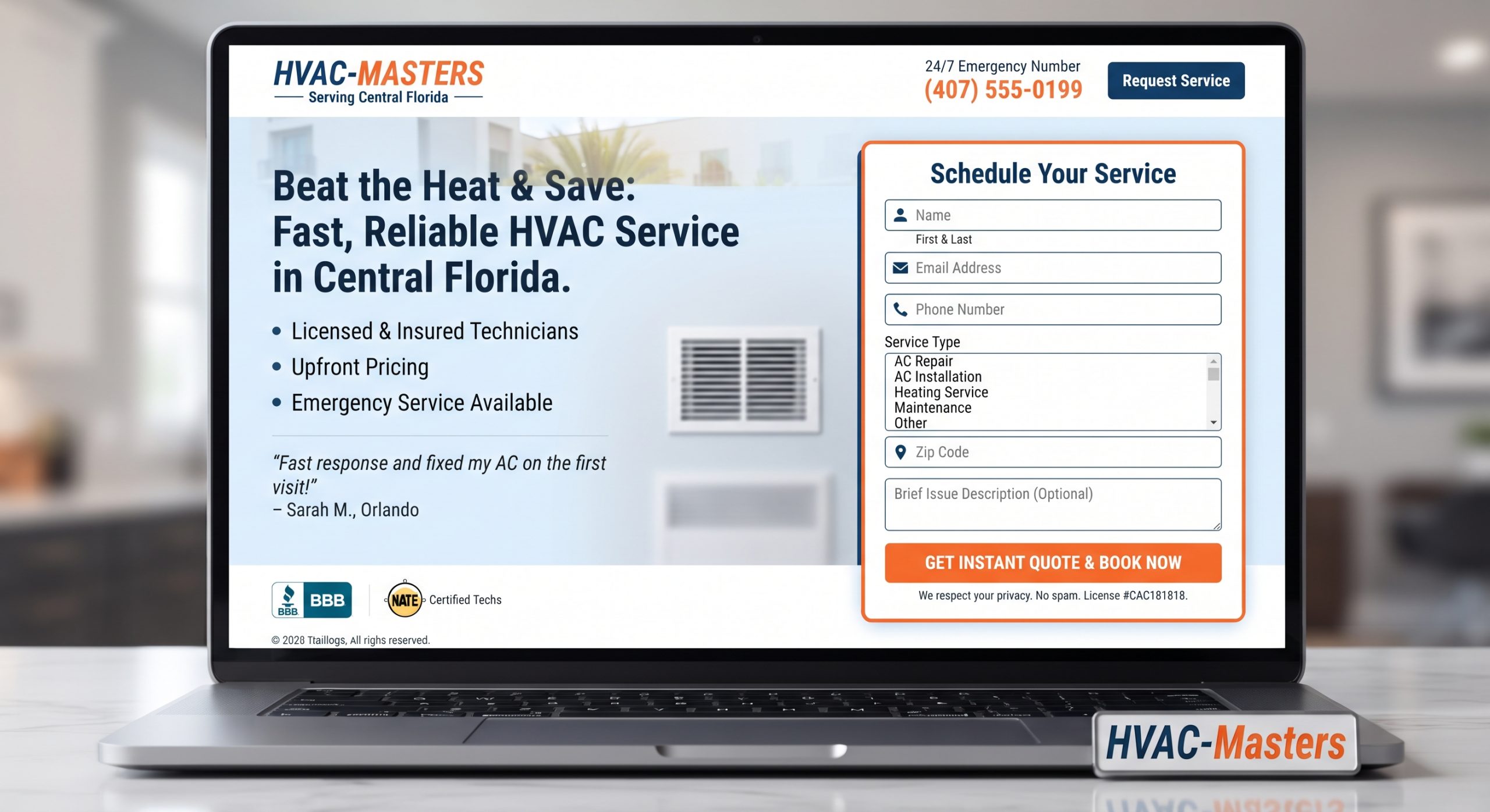 Example Hvac Website Mockup Built By Creationwebs, Showing A Scheduling Form And Service Highlights