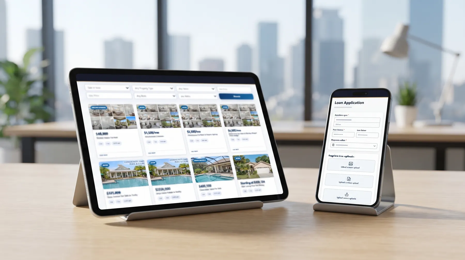 Tablet showing real estate listings and smartphone displaying a loan application form on a desk