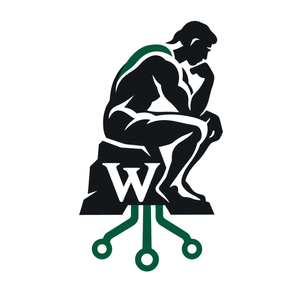 Logo Of The Thinker Silhouette With Green Roots Atop A Circuit-Like Office Chair Base And Letter W