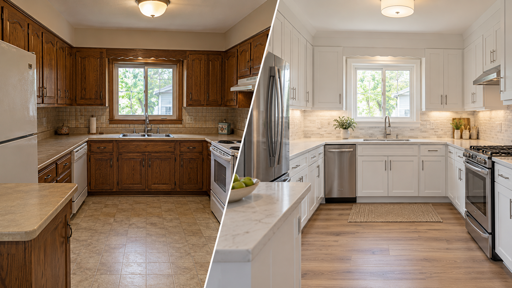 Kitchen Before And After: Dated Oak Cabinets And Laminate Counters, Then White Cabinets And Stone Countertops